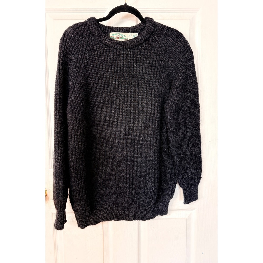 Aran Crafts Ireland 100% Wool Ribbed Knit Sweater Charcoal Grey Women Large